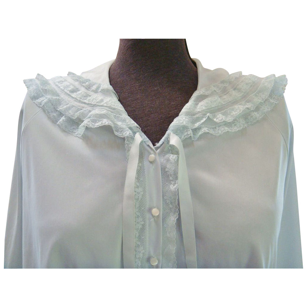 Light Blue Bed Jacket with Lace Accents, Med Light Blue Bed Jacket with Lace Accents, Med