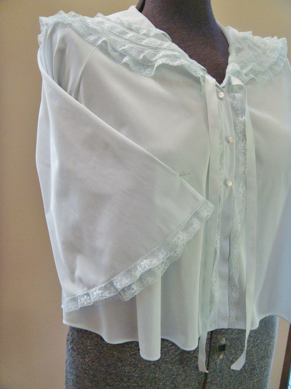 Light Blue Bed Jacket with Lace Accents, Med Light Blue Bed Jacket with Lace Accents, Med
