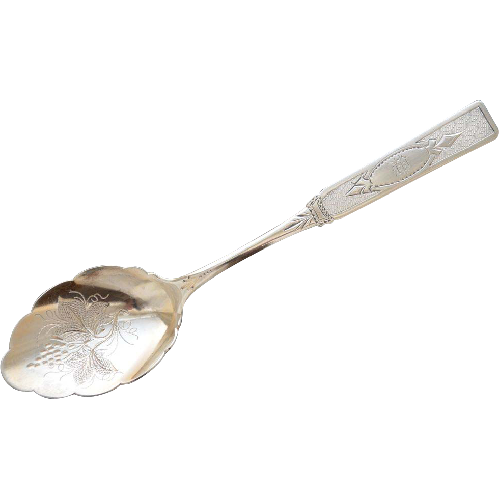 Antique Joseph SEYMOUR Bright Cut Coin Silver Spoon with Grapes 1850-1887 Antique Joseph SEYMOUR Bright Cut Coin Silver Spoon with Grapes 1850-1887
