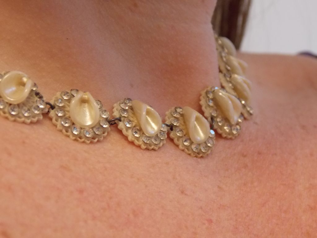 Vintage Filagree Celluloid Lucite and Rhinestone Necklace Vintage Filagree Celluloid Lucite and Rhinestone Necklace