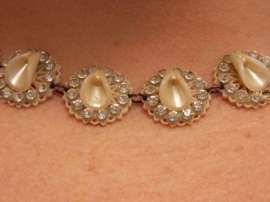 Vintage Filagree Celluloid Lucite and Rhinestone Necklace Vintage Filagree Celluloid Lucite and Rhinestone Necklace