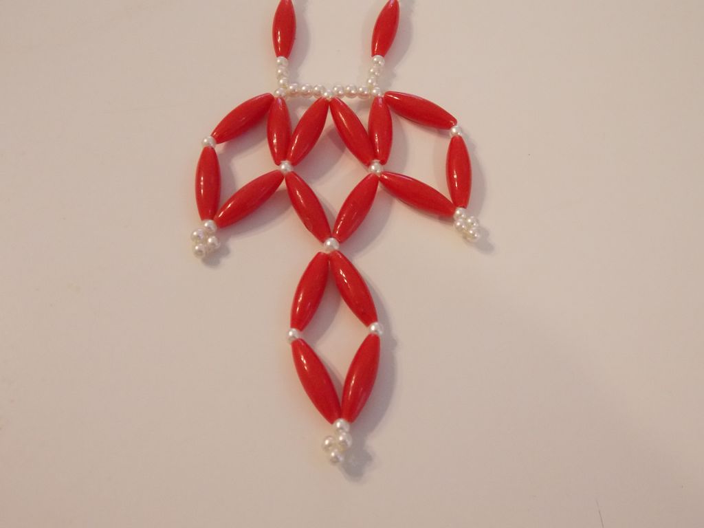 Vintage faux pearl and red beaded macrame style necklace Vintage faux pearl and red beaded macrame style necklace