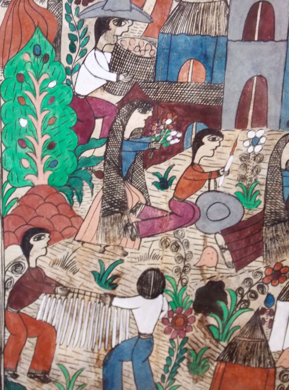 Mexican/Latino Amate folk art painting on bark wood by Claudia Marulo A Mexican/Latino Amate folk art painting on bark wood by Claudia Marulo A