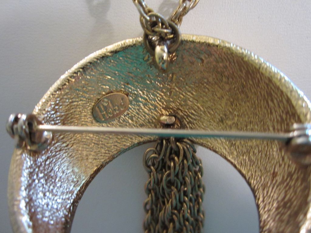 Vintage Hobe' Enamel Crescent Moon and Tassels Pendant / Pin Brooch Vintage Hobe' Enamel Crescent Moon and Tassels Pendant / Pin Brooch