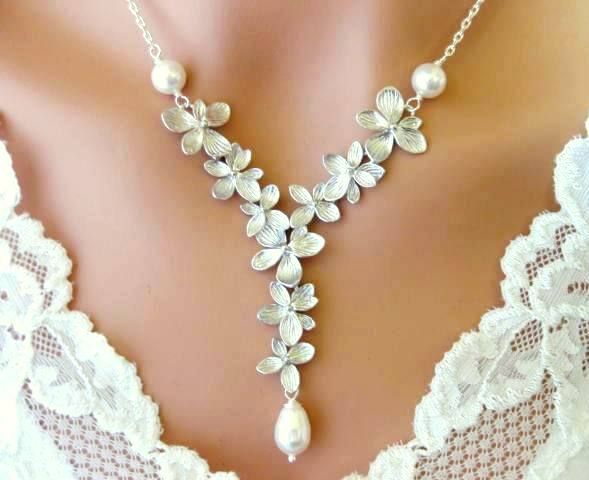 Azalea Flower Y Necklace Sterling Silver Swarovski Simulated White Pearl Wedding Bridal Azalea Flower Y Necklace Sterling Silver Swarovski Simulated White Pearl Wedding Bridal