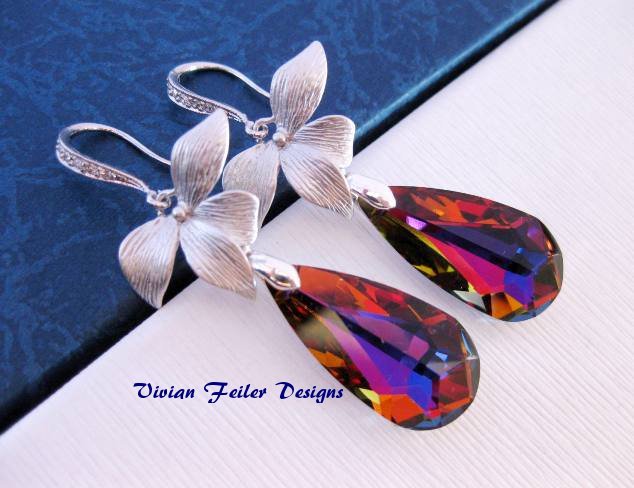 Blue Red Wedding Jewelry Orchid Earrings CZ cubic Zirconia Teardrop Bridal Bridesmaid Blue Red Wedding Jewelry Orchid Earrings CZ cubic Zirconia Teardrop Bridal Bridesmaid