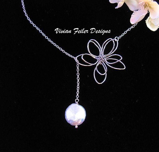 Pearl Necklace Flower Lariat Sterling Silver Bridesmaid Jewelry Mother's Day Gift Pearl Necklace Flower Lariat Sterling Silver Bridesmaid Jewelry Mother's Day Gift