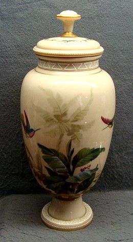 Antique Bohemian Harrach Opaline Glass Lidded Urn With Enamel Painted Hummingbirds Antique Bohemian Harrach Opaline Glass Lidded Urn With Enamel Painted Hummingbirds