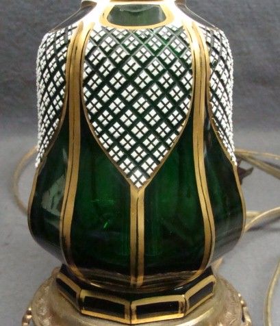 Mid Modern Century Bohemian Emerald Green & White Overlay Glass Electric Table Lamp Mid Modern Century Bohemian Emerald Green & White Overlay Glass Electric Table Lamp