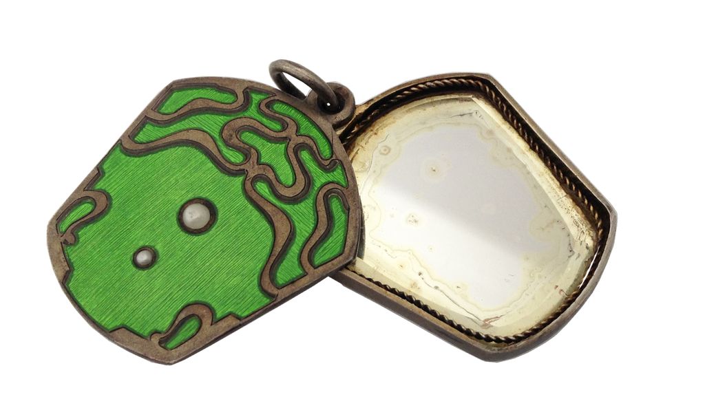 Art Nouveau Green Guilloche Enamel Slide Mirror Art Nouveau Green Guilloche Enamel Slide Mirror