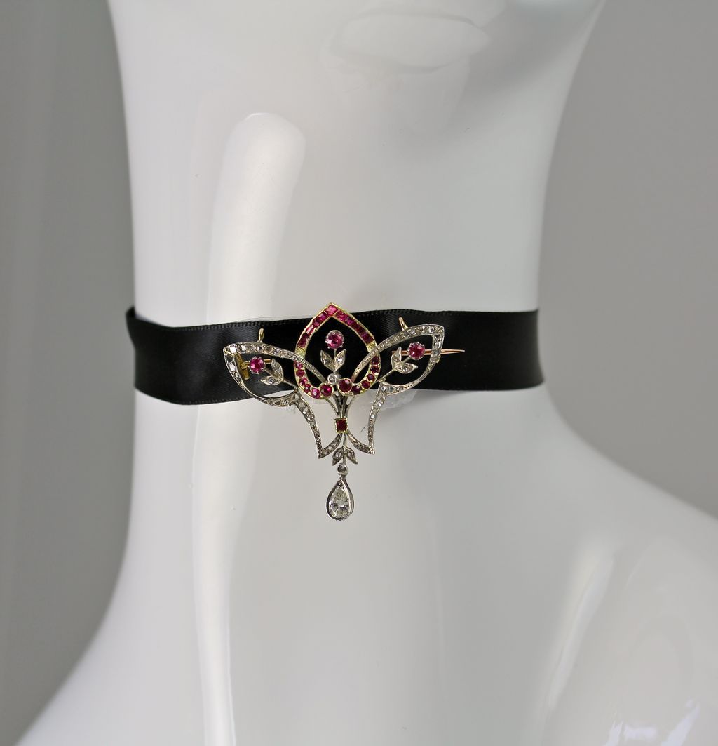 Edwardian Ruby and Diamond Pendant 18kt Gold and Platinum Brooch With Appraisal Edwardian Ruby and Diamond Pendant 18kt Gold and Platinum Brooch With Appraisal