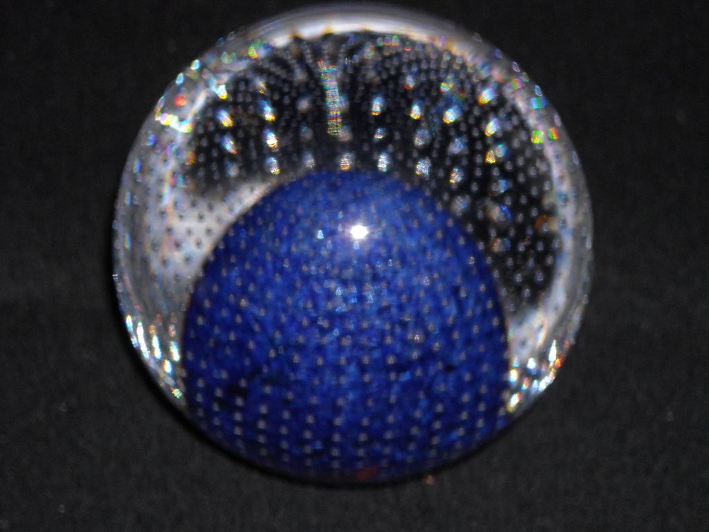 Cobalt Blue and Crystal Paperweight With Bullicante 3 Inches, bottom 1 1/2 inch diameter Cobalt Blue and Crystal Paperweight With Bullicante 3 Inches, bottom 1 1/2 inch diameter