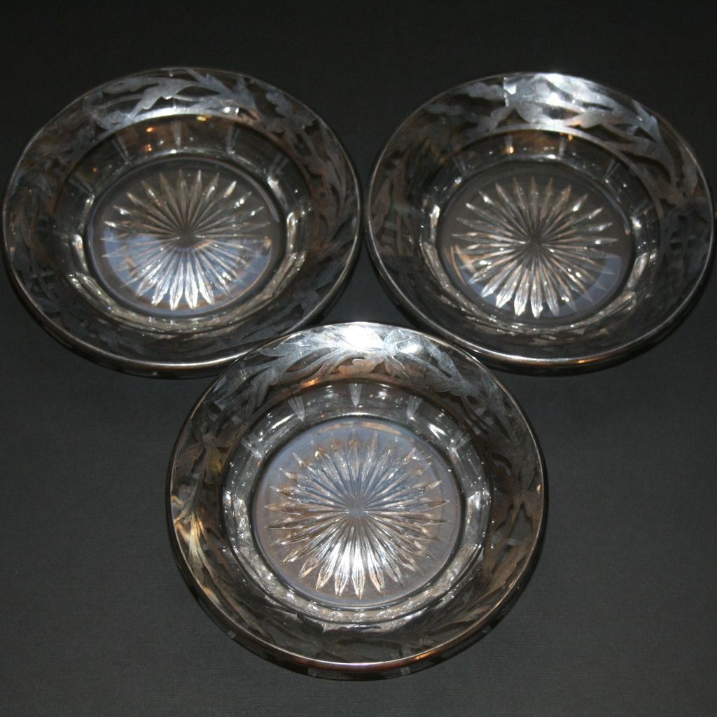 Set Of 6 Vintage Clear Glass Dishes Silver Overlay Trim Floral Star Cut Design Set Of 6 Vintage Clear Glass Dishes Silver Overlay Trim Floral Star Cut Design