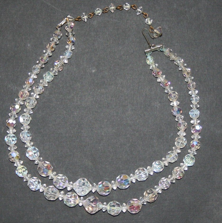 Vintage Aurora Borealis Crystal Bead Two Strand Necklace Vintage Aurora Borealis Crystal Bead Two Strand Necklace