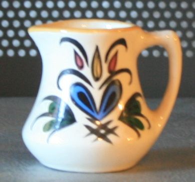 Vintage miniature pitcher, white with blue heart The Willows, Lancaster PA with label Vintage miniature pitcher, white with blue heart The Willows, Lancaster PA with label