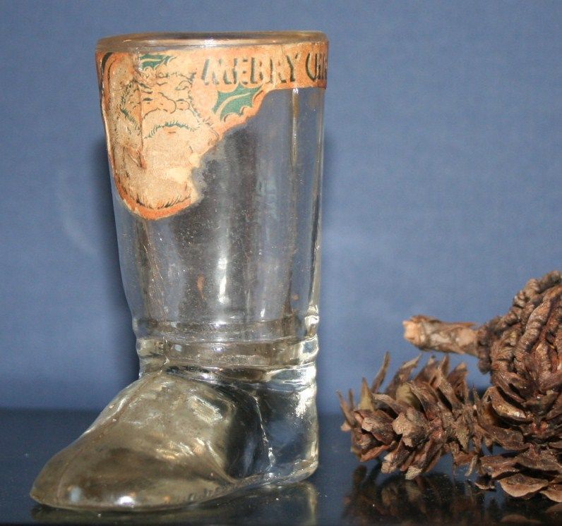 Vintage Merry Christmas Santa Boot, Glass Candy Holder Vintage Merry Christmas Santa Boot, Glass Candy Holder