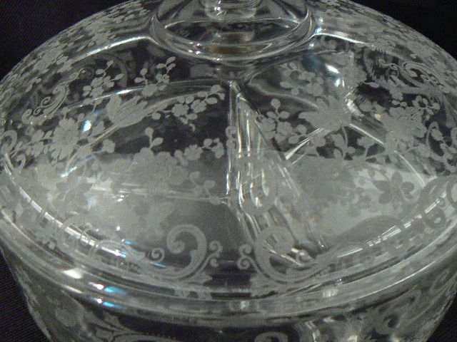 Antique sterling and crystal Cambridge Rosepoint or Chantilly covered candy dish divided 3 Antique sterling and crystal Cambridge Rosepoint or Chantilly covered candy dish divided 3
