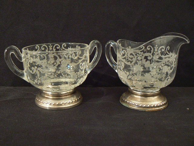 Antique sterling and crystal Cambridge Chantilly or Rosepoint creamer and sugar rare large #1 Antique sterling and crystal Cambridge Chantilly or Rosepoint creamer and sugar rare large #1