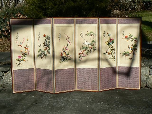 Vintage Asian Japanese room divider 6 panel folding screen embroidered silk Vintage Asian Japanese room divider 6 panel folding screen embroidered silk