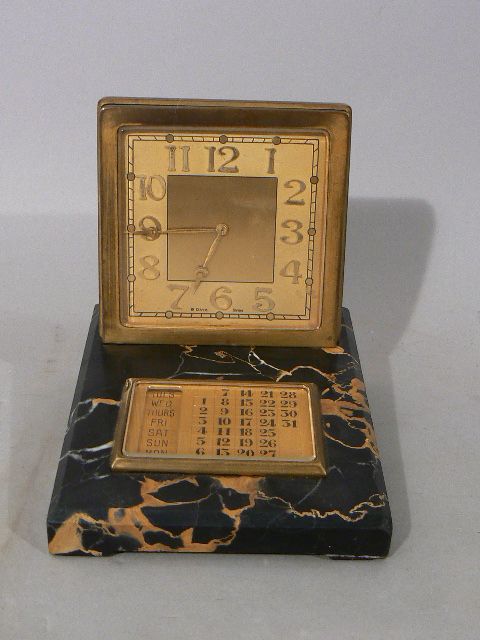 Fine Swiss 8 Day Art Deco Gilt Bronze Desk Clock w Marble Base & Calendar Fine Swiss 8 Day Art Deco Gilt Bronze Desk Clock w Marble Base & Calendar