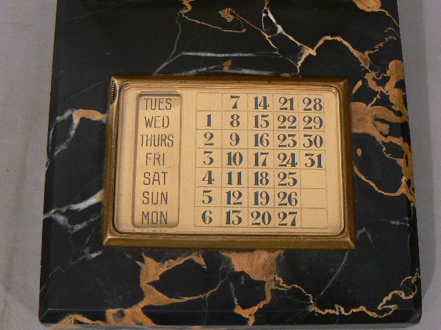 Fine Swiss 8 Day Art Deco Gilt Bronze Desk Clock w Marble Base & Calendar Fine Swiss 8 Day Art Deco Gilt Bronze Desk Clock w Marble Base & Calendar