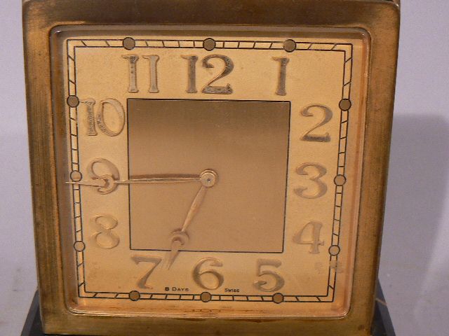 Fine Swiss 8 Day Art Deco Gilt Bronze Desk Clock w Marble Base & Calendar Fine Swiss 8 Day Art Deco Gilt Bronze Desk Clock w Marble Base & Calendar