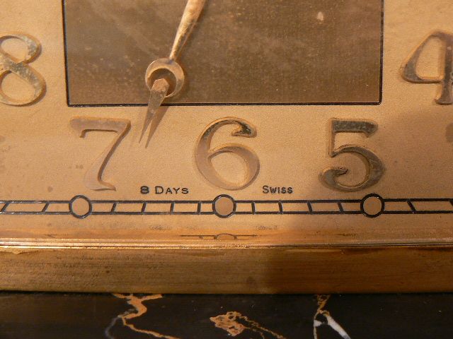 Fine Swiss 8 Day Art Deco Gilt Bronze Desk Clock w Marble Base & Calendar Fine Swiss 8 Day Art Deco Gilt Bronze Desk Clock w Marble Base & Calendar
