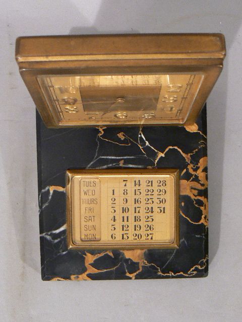 Fine Swiss 8 Day Art Deco Gilt Bronze Desk Clock w Marble Base & Calendar Fine Swiss 8 Day Art Deco Gilt Bronze Desk Clock w Marble Base & Calendar