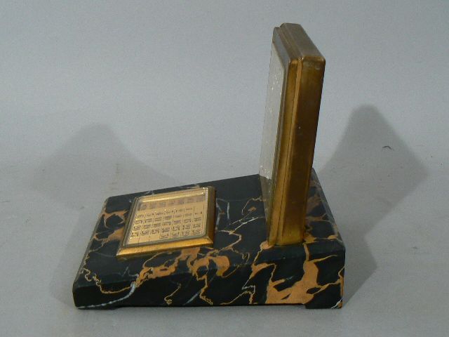 Fine Swiss 8 Day Art Deco Gilt Bronze Desk Clock w Marble Base & Calendar Fine Swiss 8 Day Art Deco Gilt Bronze Desk Clock w Marble Base & Calendar