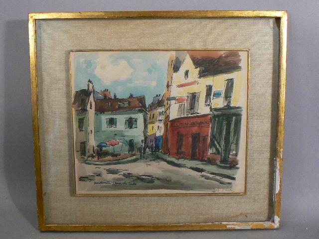 Vintage prints 2 of watercolors pencil signed artist DURIEZ French street scapes Vintage prints 2 of watercolors pencil signed artist DURIEZ French street scapes