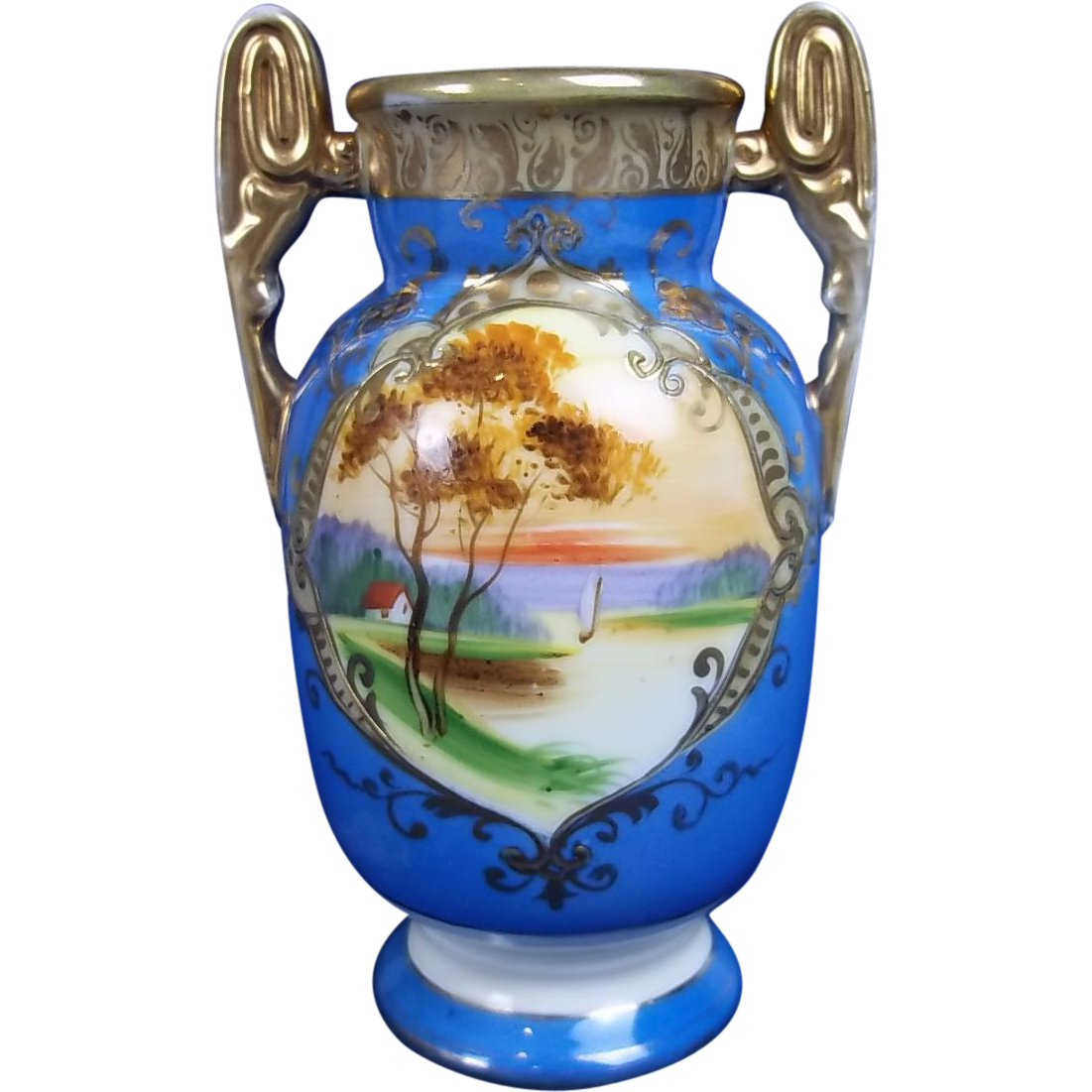 Cornflower Blue Small Hand Painted Noritake 2 Panel Vase from