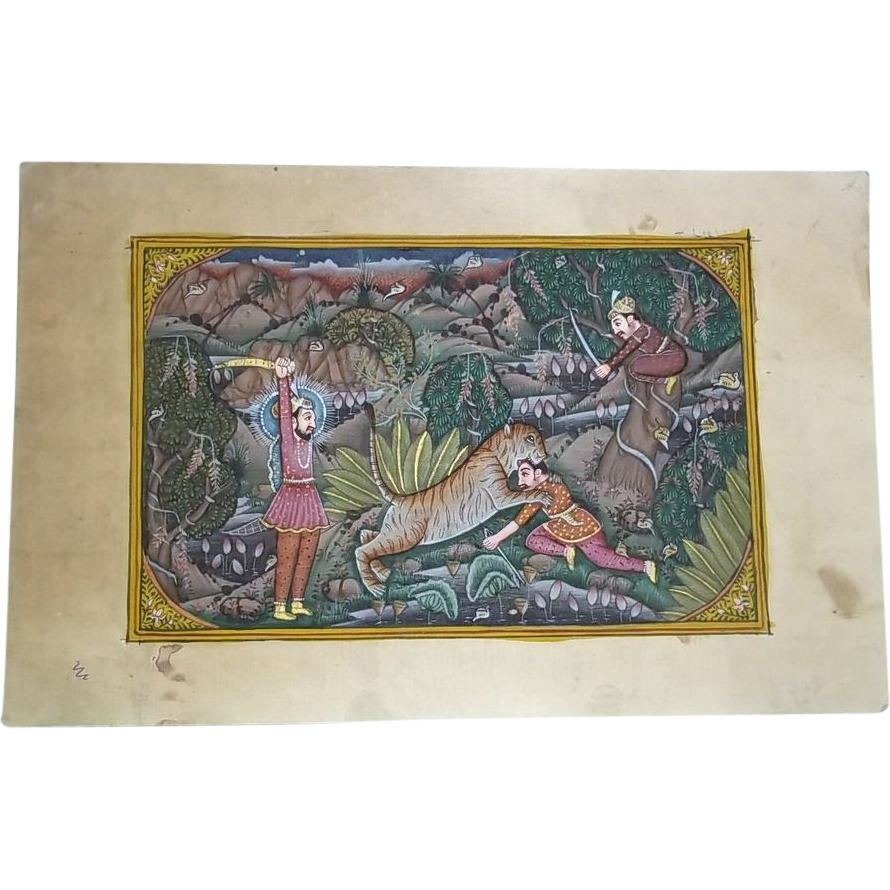 'Tiger Hunt' Indian Opaque Watercolour Ink And Gold On Paper, 19-20th Century 'Tiger Hunt' Indian Opaque Watercolour Ink And Gold On Paper, 19-20th Century