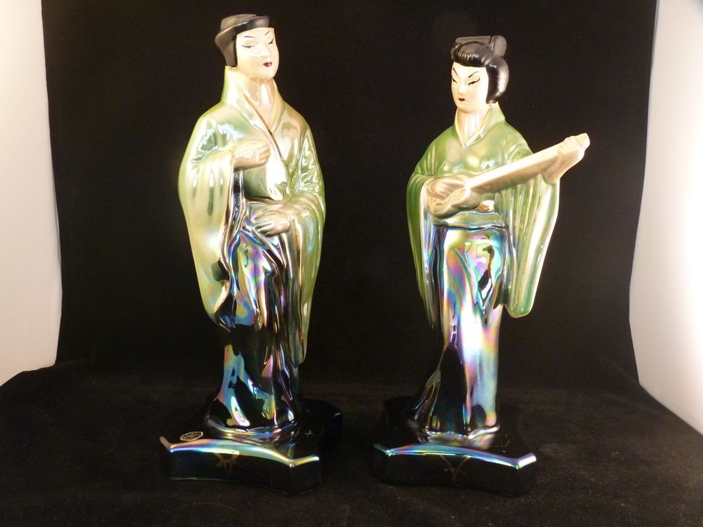 Vintage Pair Oriental Figurines Statues Luster Lute Vintage Pair Oriental Figurines Statues Luster Lute