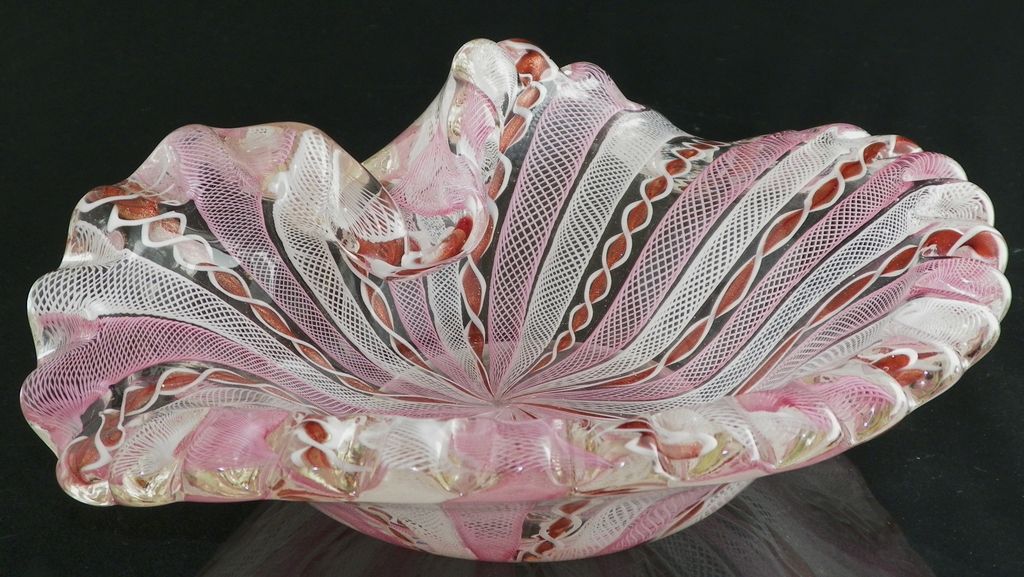 FRATELLI TOSO ZANFIRICO Latticino & Ribbon & Copper Art Glass Bowl FRATELLI TOSO ZANFIRICO Latticino & Ribbon & Copper Art Glass Bowl