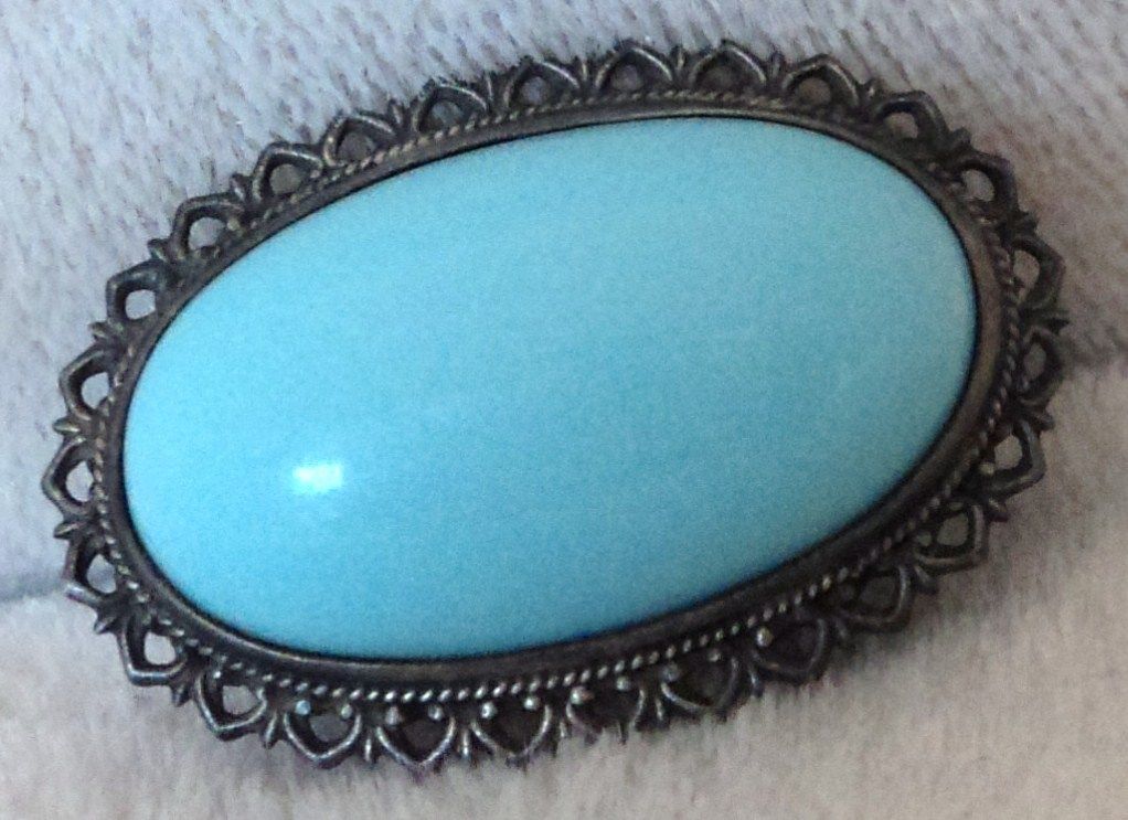 Victorian Silver Large Blue Glass Cabochon Pin Brooch Victorian Silver Large Blue Glass Cabochon Pin Brooch