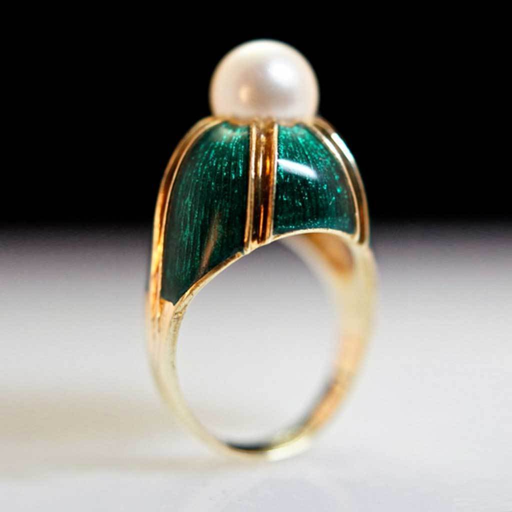 Vintage - 14K Yellow Gold Cast Cultured Pearl & Enamel Ring Vintage - 14K Yellow Gold Cast Cultured Pearl & Enamel Ring