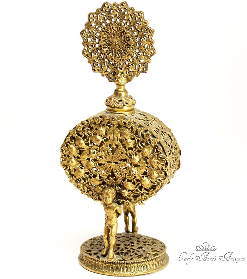 Ormolu Filigree Vintage Perfume Bottle Floral & Cherub Motifs Ormolu Filigree Vintage Perfume Bottle Floral & Cherub Motifs