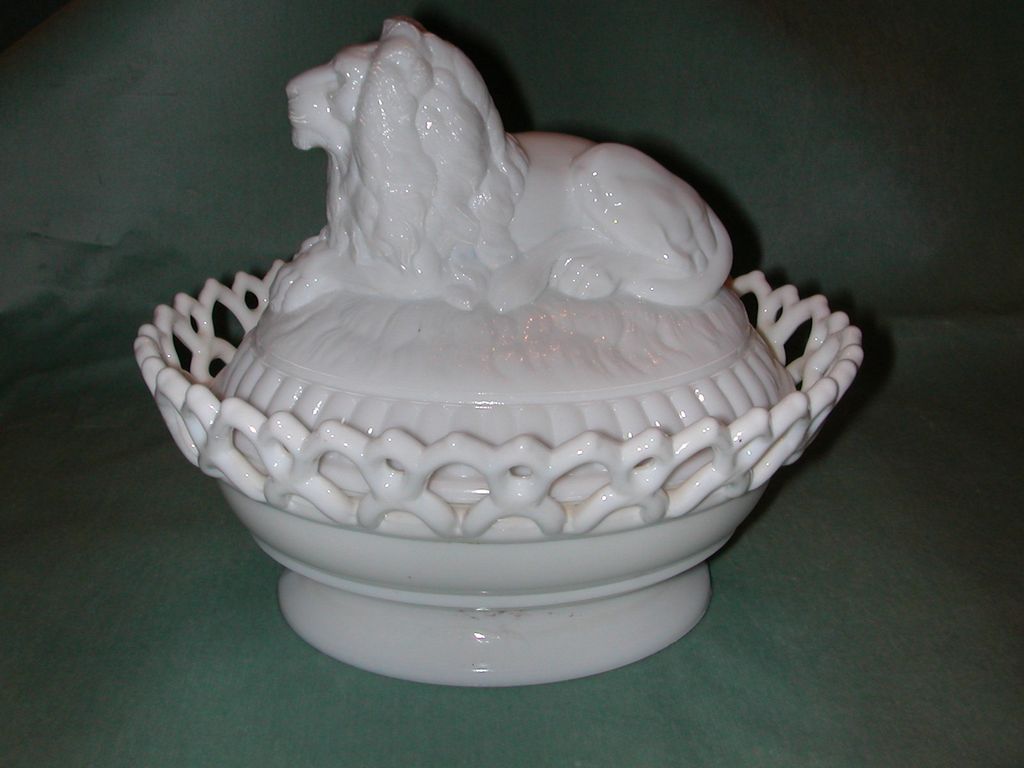 Atterbury Lion Milk Glass Covered Dish. Atterbury Lion Milk Glass Covered Dish.