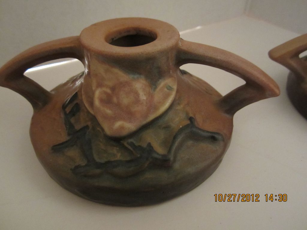 Pair Roseville Magnolia Candlesticks Art Pottery Pair Roseville Magnolia Candlesticks Art Pottery
