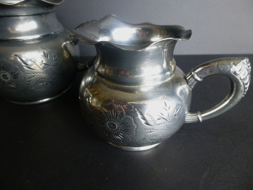 Quadruple plate MP&Co sugar creamer trio c 1856-1877 Quadruple plate MP&Co sugar creamer trio c 1856-1877