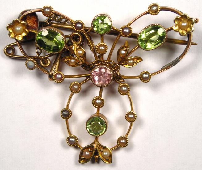 Edwardian Amethyst Seed Pearl Peridot 9CT Gold Antique Suffragette Brooch! Edwardian Amethyst Seed Pearl Peridot 9CT Gold Antique Suffragette Brooch!