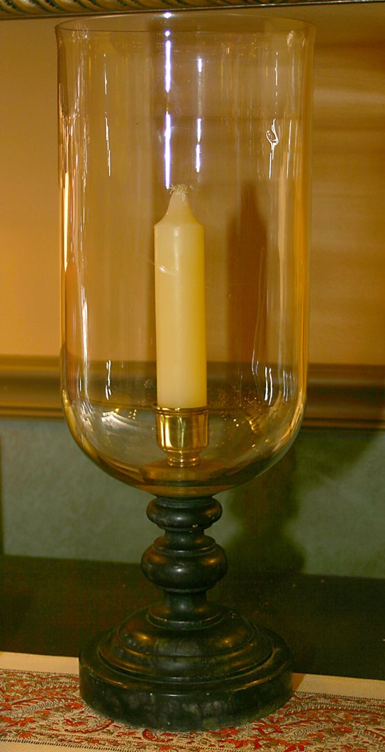 Hurricane Lamp with Marble base, blown glass hurricane and brass candleholder Hurricane Lamp with Marble base, blown glass hurricane and brass candleholder