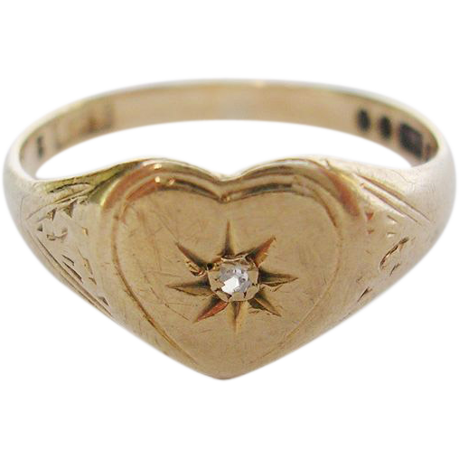 English 9K Gold Diamond Signet Ring-Heart Shaped
