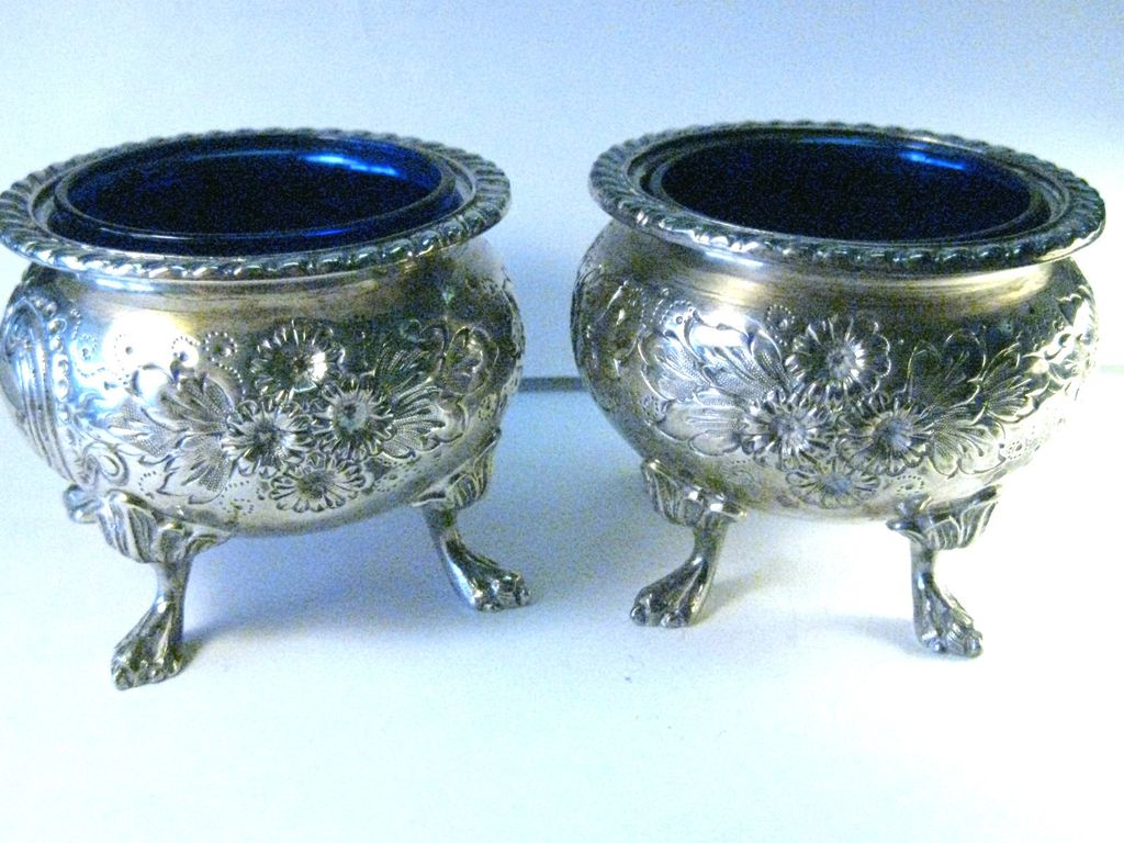 Pair Sterling Silver Shreve Crump & Low Salt Cellars Blue Glass Insert Pair Sterling Silver Shreve Crump & Low Salt Cellars Blue Glass Insert