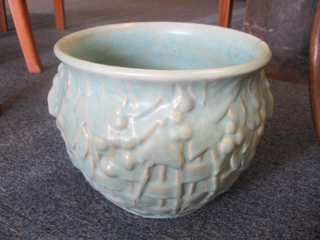 Early McCoy Pottery Glazed Powder Blue Basket Berries Leaves Early McCoy Pottery Glazed Powder Blue Basket Berries Leaves