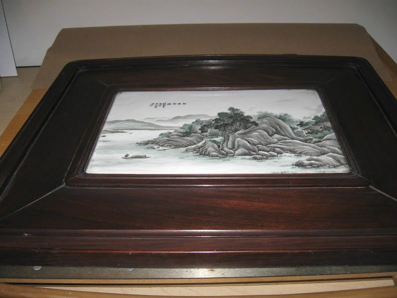 PAIR Large Antique Chinese Dark Wood Framed Painted Porcelain ART by Ye Ting Wang PAIR Large Antique Chinese Dark Wood Framed Painted Porcelain ART by Ye Ting Wang