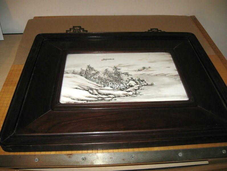 PAIR Large Antique Chinese Dark Wood Framed Painted Porcelain ART by Ye Ting Wang PAIR Large Antique Chinese Dark Wood Framed Painted Porcelain ART by Ye Ting Wang