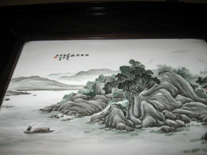 PAIR Large Antique Chinese Dark Wood Framed Painted Porcelain ART by Ye Ting Wang PAIR Large Antique Chinese Dark Wood Framed Painted Porcelain ART by Ye Ting Wang