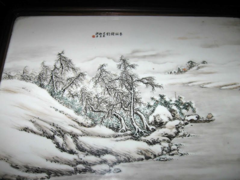 PAIR Large Antique Chinese Dark Wood Framed Painted Porcelain ART by Ye Ting Wang PAIR Large Antique Chinese Dark Wood Framed Painted Porcelain ART by Ye Ting Wang