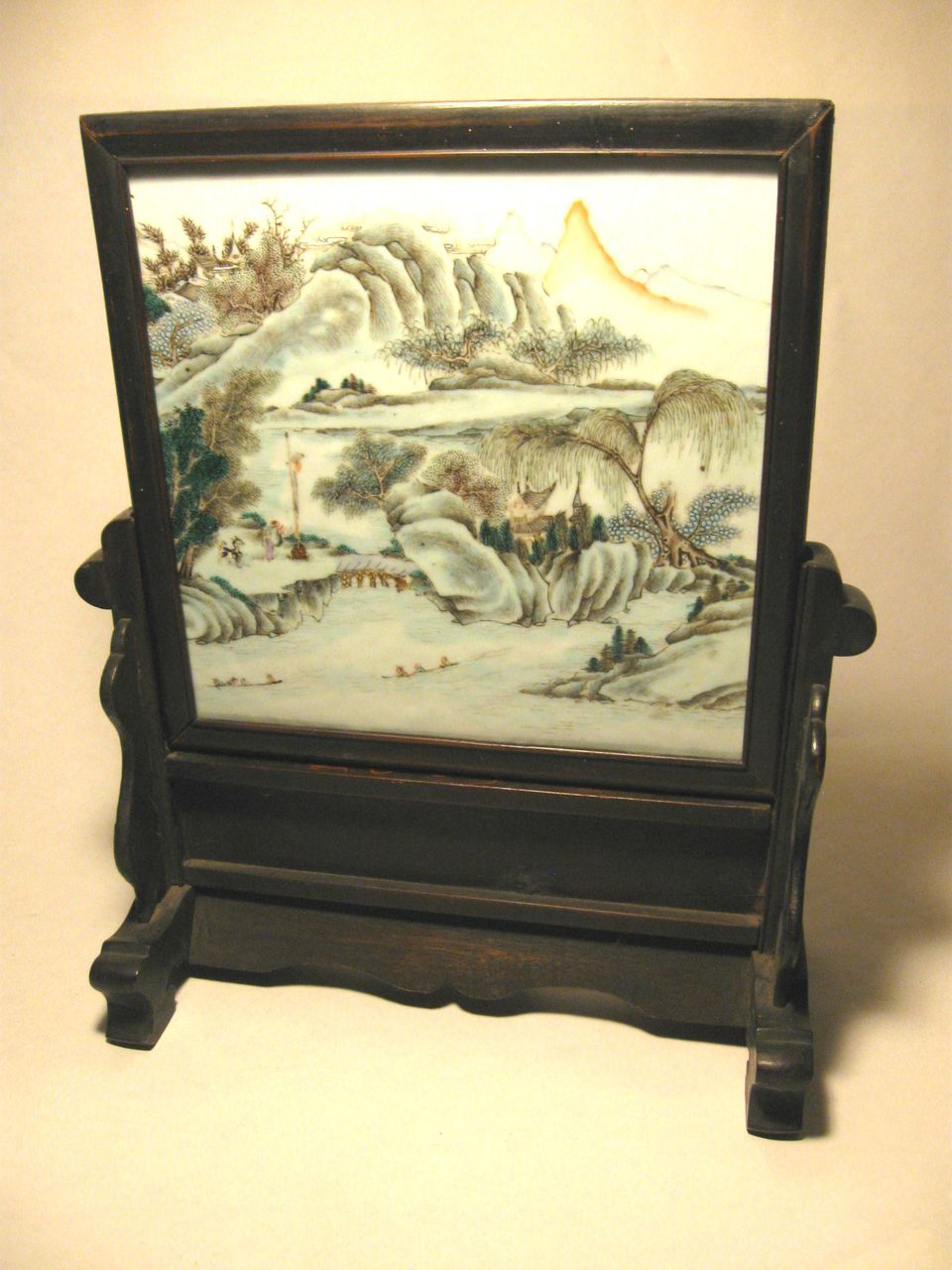 Antique Chinese Painted Porcelain Landscape Art with carved wood stand Antique Chinese Painted Porcelain Landscape Art with carved wood stand